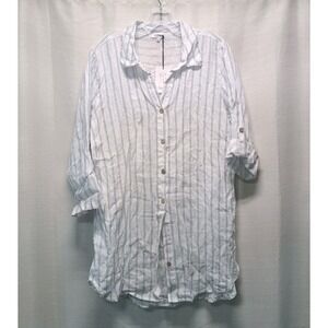 Rosemarine Womens L 100% Italian Linen Roll Tab Long Line Stripe Tunic Top Beach